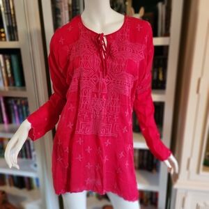 Johnny Was Hot Pink Long Sleeve Embroidered Tunic Top